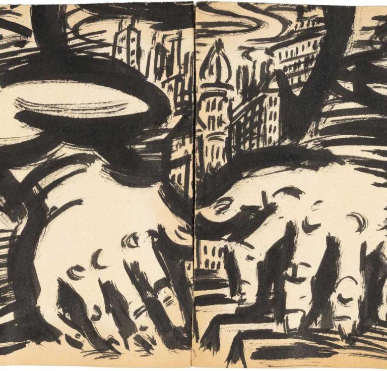 Frans Masereel drawing of hands grasping a cityscape