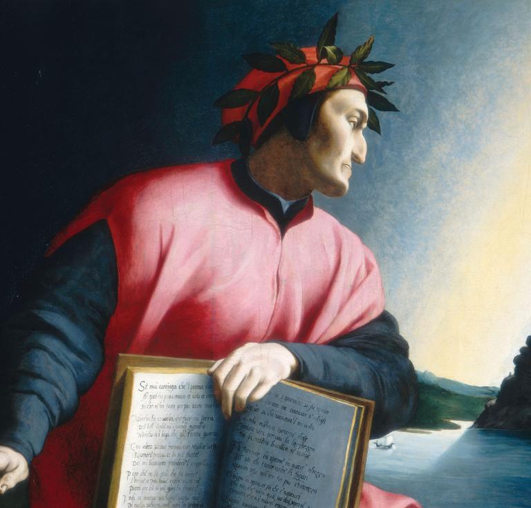 The author Dante sits in a painting holding an open book