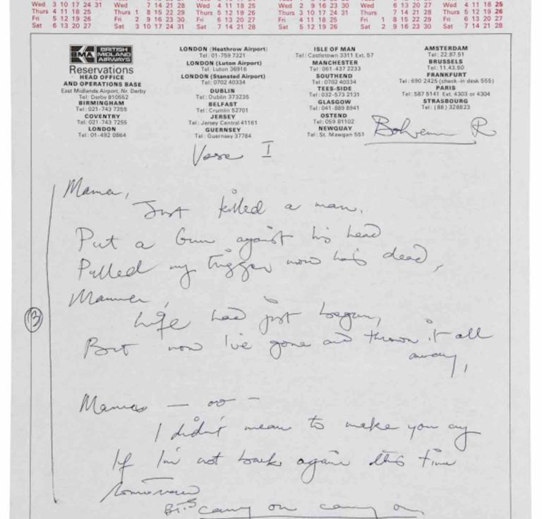 Handwritten working lyrics to Bohemian Rhapsody c. 1974