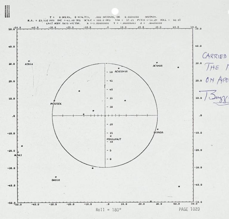 APOLLO 11 FLOWN BUZZ ALDRIN STAR CHART USED DURING A CRITICAL POINT IN THE MISSION. Printed star chart, July 1, 1969, 8 x 10 12 inches (203 x 267 mm), being p 102D from Apollo 11 Flight Plan.jpg (133.82 KB)