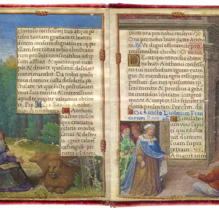 St. Anthony in the Desert and St. Louis Giving Alms, from the Prayer Book of Queen Claude de France. Illuminated by the Master of Claude de France. France, Tours, ca. 1517. 