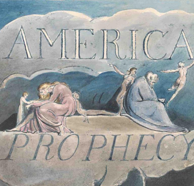 Plate 2 from America a Prophecy, Copy M, printed about 1807 William Blake. Relief etching printed in blue with pen and ink and watercolor. Yale Center for British Art, New Haven Paul Mellon Collection.