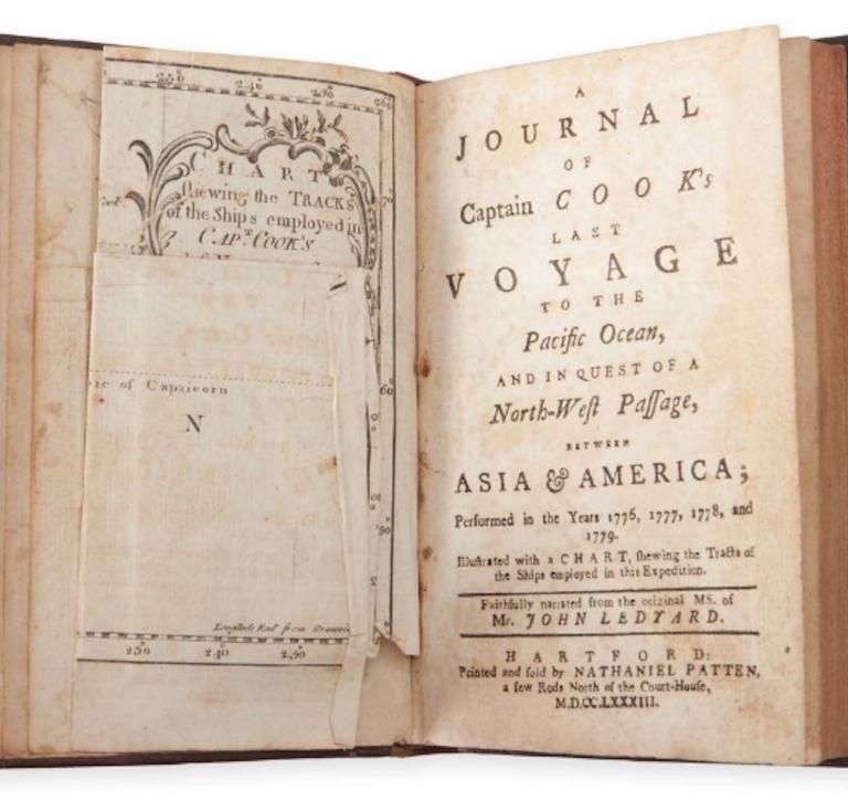 A Journal of Captain Cook's last voyage to the Pacific Ocean, and in quest of a North-West Passage, between Asia & America, 1783 by John Ledyard (1751-1789), estimated at $50,000 – 75,000.