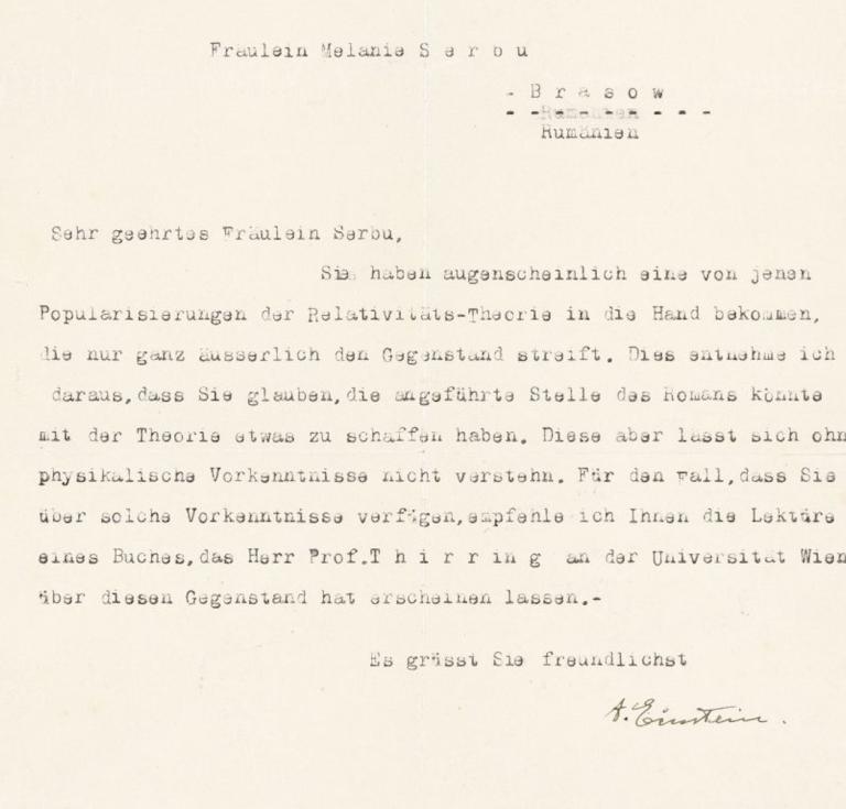 Albert Einstein, typed letter signed, to Melanie Serbu. 9 October 1928. 