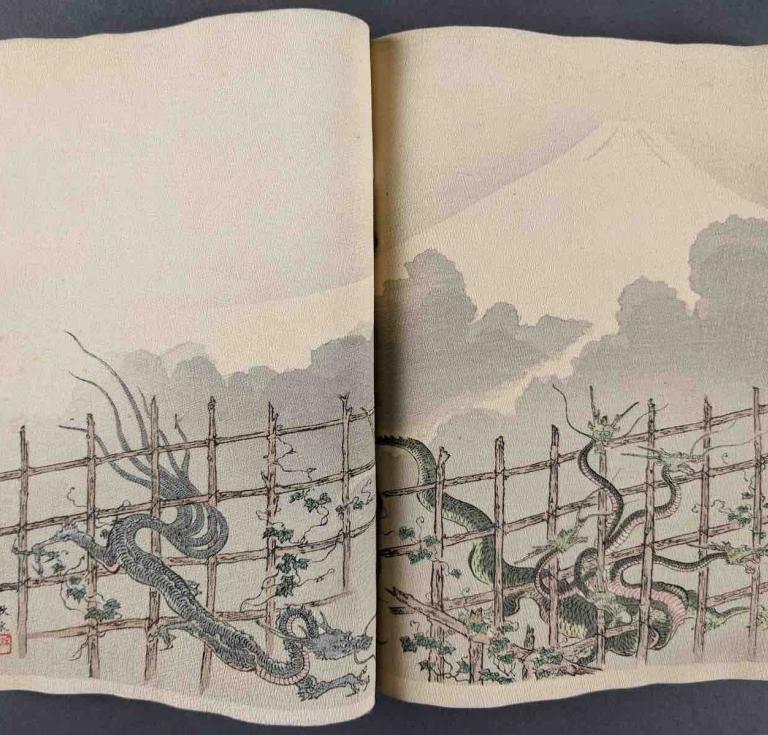 La Fontaine, Choix de fables de la Fontaine illustrees par un groupe des meilleurs artistes de Tokio under the direction of P. Baboutau, 1894, 2 vol., first edition illustrated with 38 color prints. Remarkable fusion of tradition Japanese prints and French fables. Estimate $300-$500