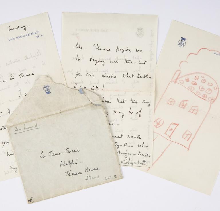 Queen Elizabeth The Queen Mother, signed autograph letter to author James Barrie (1860-1937) with envelope, and accompanying crayon drawing by then-Princess Elizabeth of York, later Elizabeth II, Queen of Great Britain. Estimate $3,000-$5,000.