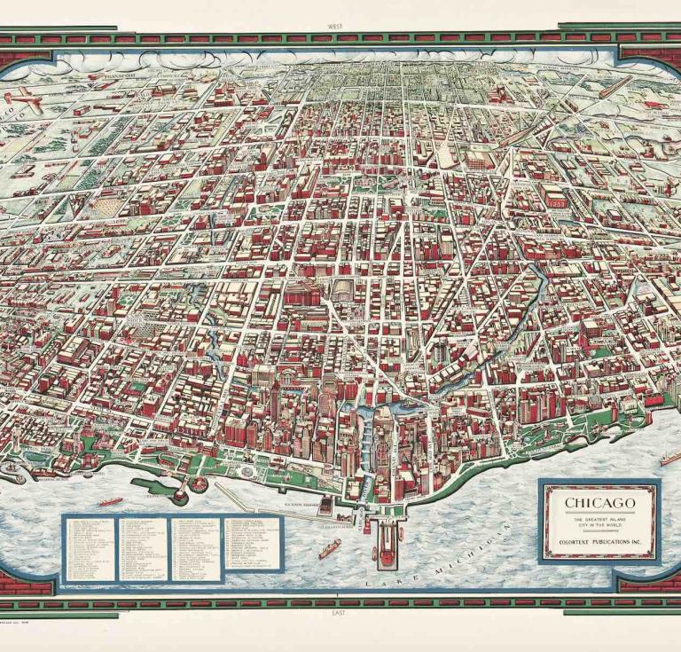 Lot 135: C.L. Hawkins, Chicago the Greatest Inland City in the World, color-lithographed perspective map of Chicago looking west from Lake Michigan, Chicago, 1938. Estimate $800 to $1,200.