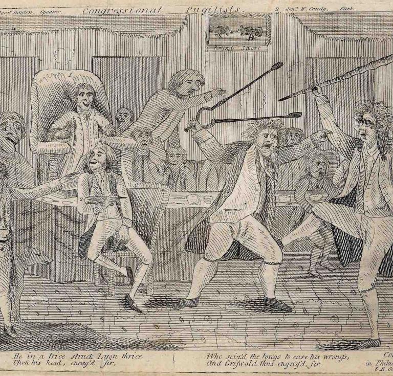 The 1798 political cartoon Congressional Pugilists depicting a conflict between Matthew Lyon of Vermont and Roger Griswold of Connecticut in Congress Hall in Philadelphia.