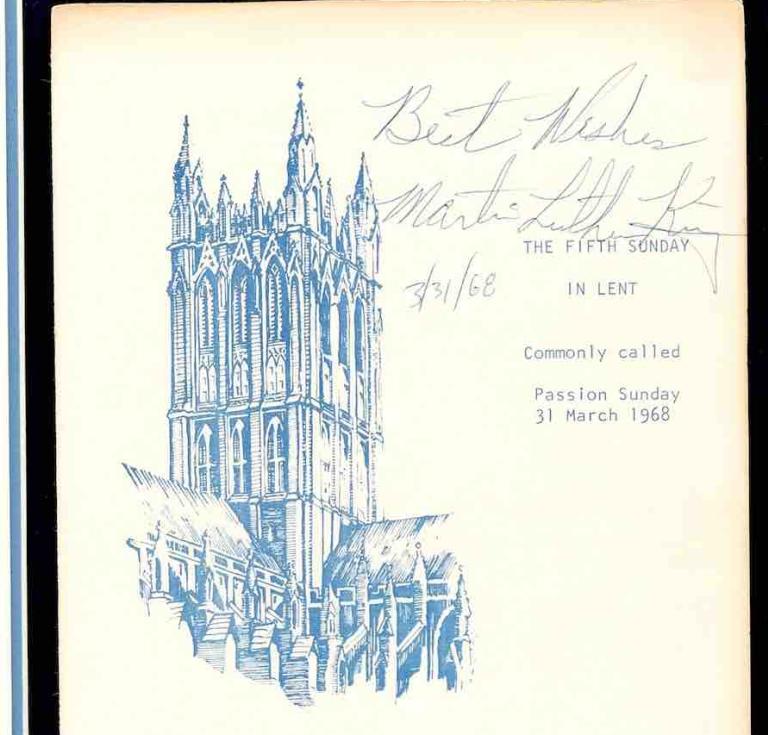 Sunday, March 31, 1968 church program book from Washington Cathedral, signed by the Reverend Dr Martin Luther King Jr. Framed size: 10.75in x 13.75in. Float-mounted cardstock booklet: 5.5in x 8.5in. Estimate: $35,000-$50,000