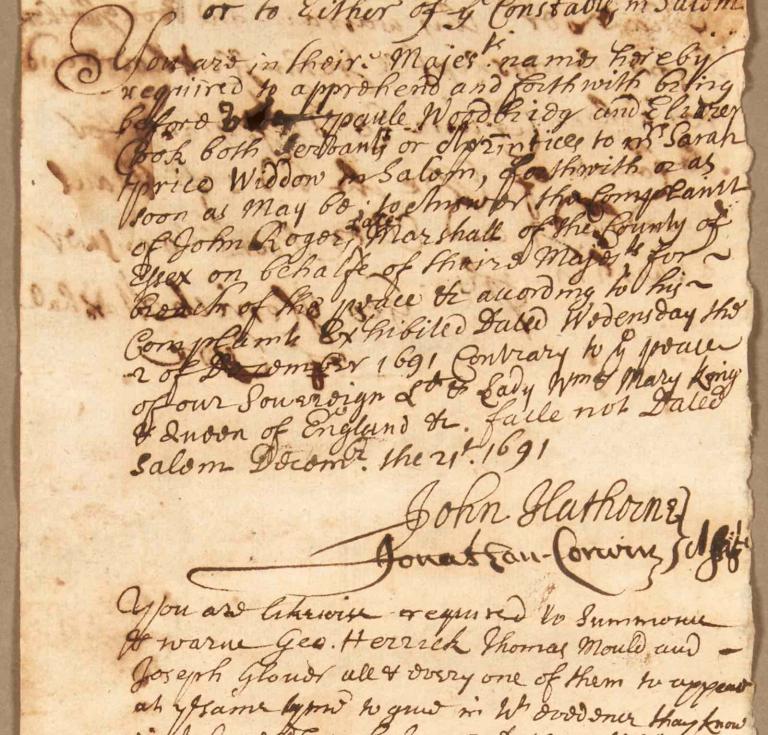Autograph document signed ordering the apprehension of two servants to appear in court. Salem: 21 December 1691