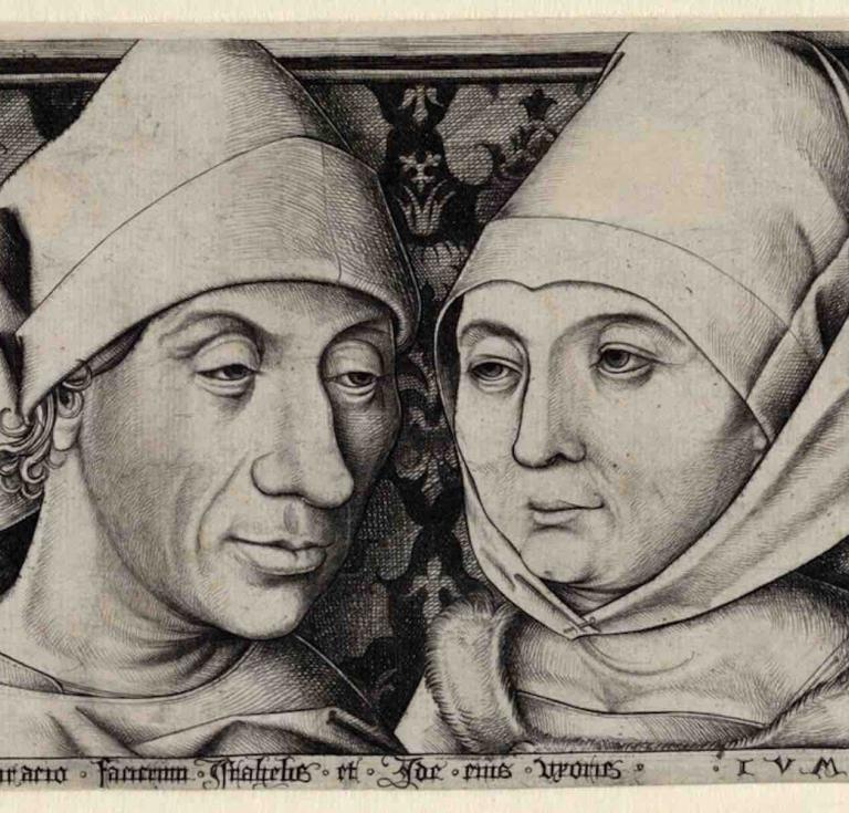 Israhel van Meckenem (German, 1440/1444-1503), Double Portrait of Israhel van Meckenem  and his Wife Ida. Engraving, ca. 1490. 13.1 x 17.8 cm.