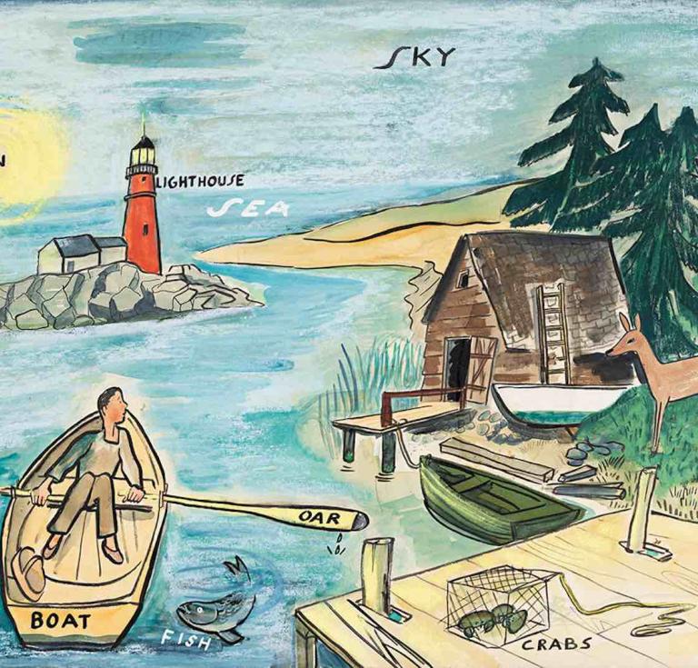 Lot 193: Ludwig Bemelmans, Sky and Sea Landscape, gouache on board, created for the Office of War Information, circa 1942. Estimate $10,000 to $15,000