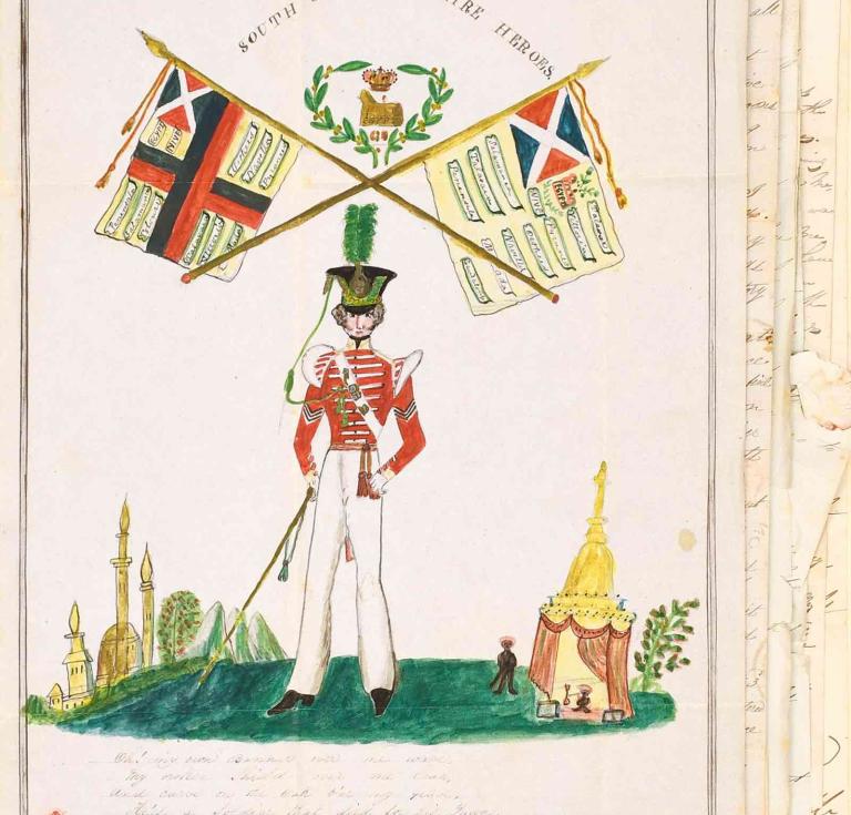 An original inscribed painting depicting a Sergeant under the battle colours of the South Gloucestershires, sent after Binkley was promotion and signed by him in the lower corner. Part of the archive of letters.