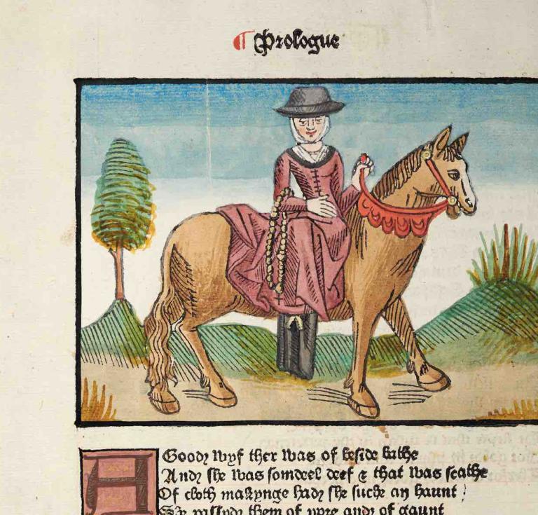 Image of the Wife of Bath from Caxton’s second edition of The Canterbury Tales, placed above her description in the General Prologue