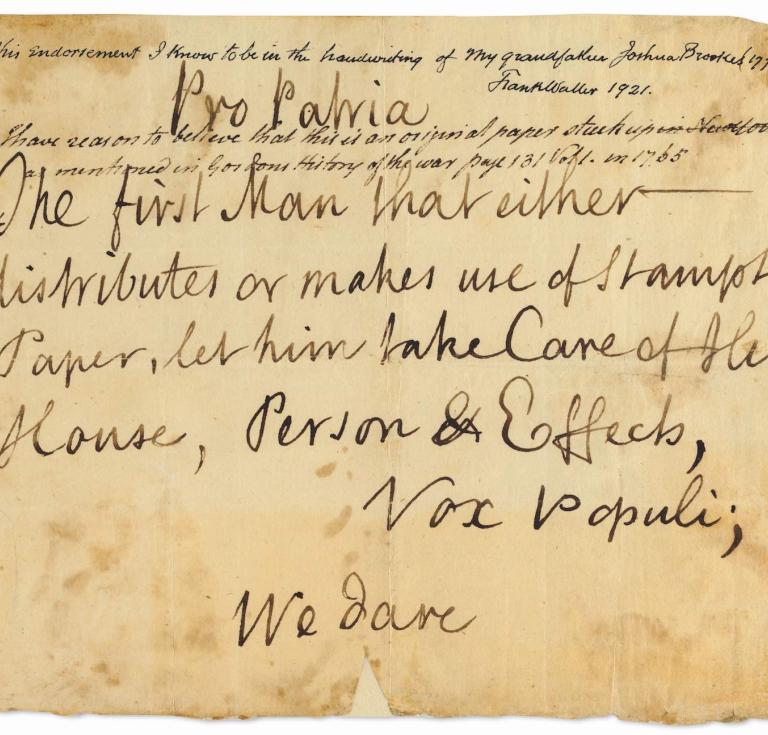 Stamp Act Defiance manuscript placard
