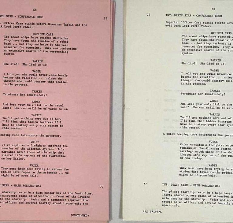 Original script used by actor Harrison Ford while filming Star Wars in the UK in 1976 showing revisions
