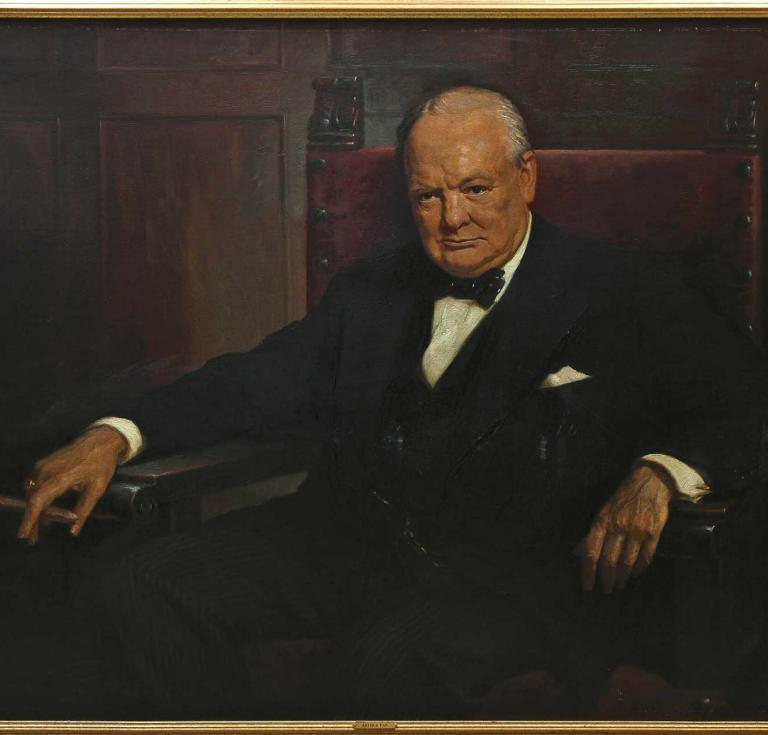 Original portrait in oils of Winston Churchill by Arthur Pan (1943). The present version was used as the specimen to make prints of the portrait, of which 1,000 copies were sold in aid of Clementine Churchill’s Aid to Russia fund.