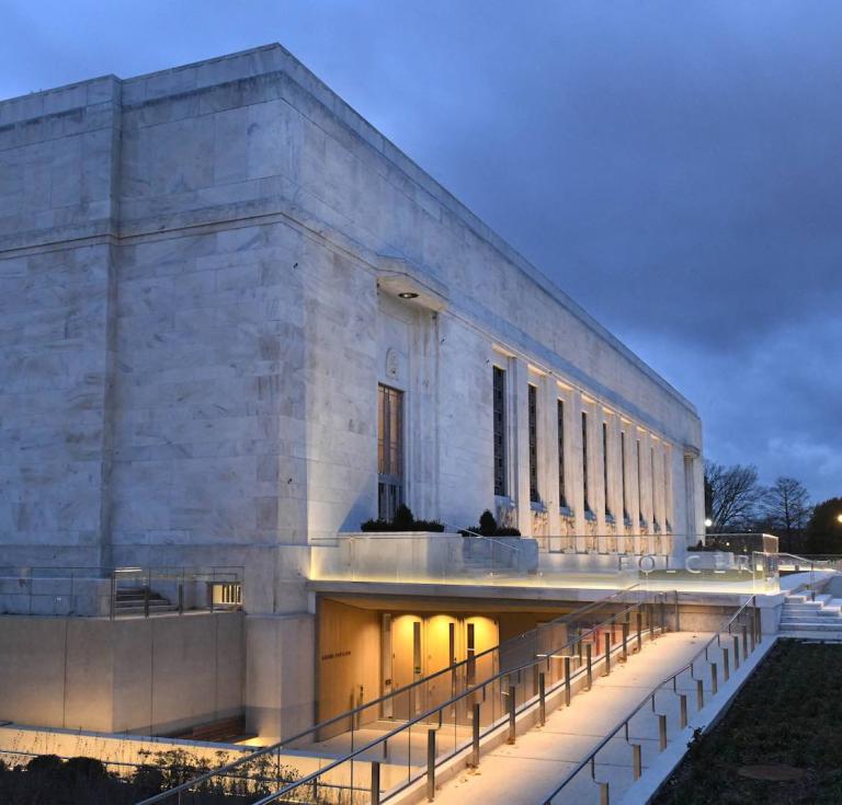 Folger Shakespeare Library at night, 2024, as it nears reopening after a four-year building renovation and expansion
