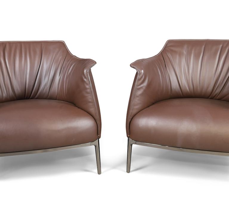 Jean-Marie Massaud for Poltrona Frau, a pair of Archibald lounge armchairs, c.2001, brown leather upholstery, on chrome base and legs, estimate £1,000 - £1,500