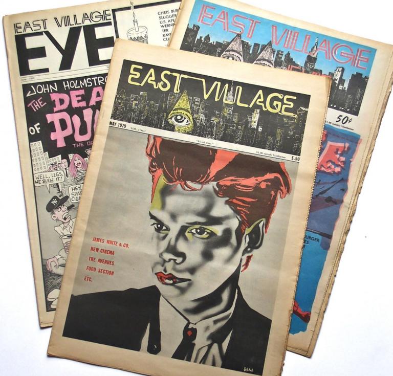 A selection of East Village Eye covers, 1979-1987; The East Village Eye records, Manuscripts and Archives Division, The New York Public Library.   The Library now possesses a full print run of all 72 issues of the newspaper. 