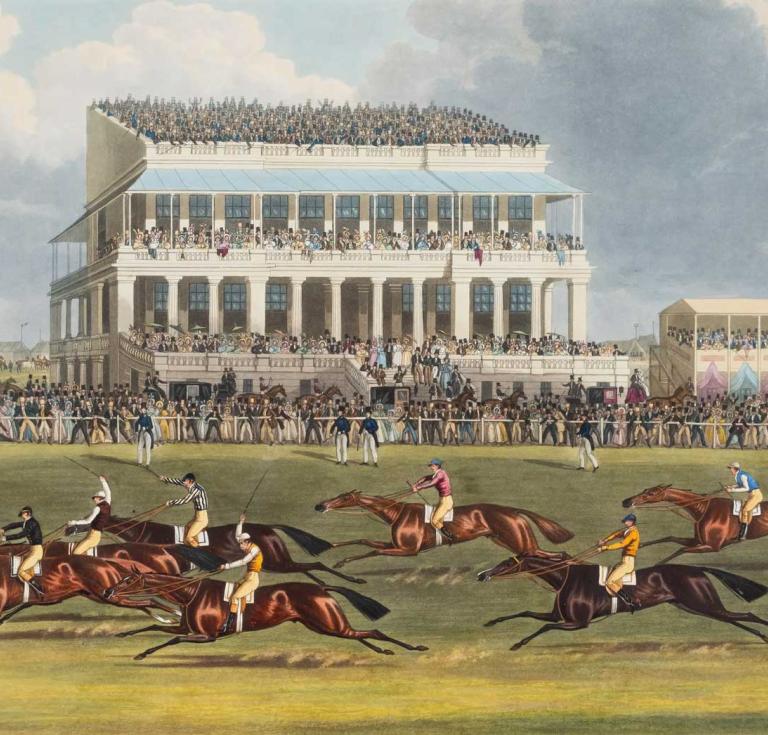 Colored aquatint of the Epsom races by James Pollard