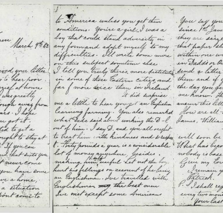 Letter from Patrick Callaghan, Fort Warren, Boston, Massachusetts, to his sister, Bridget Callaghan, Fallow, Kilmacthomas, Waterford (county), March 9, 1882.