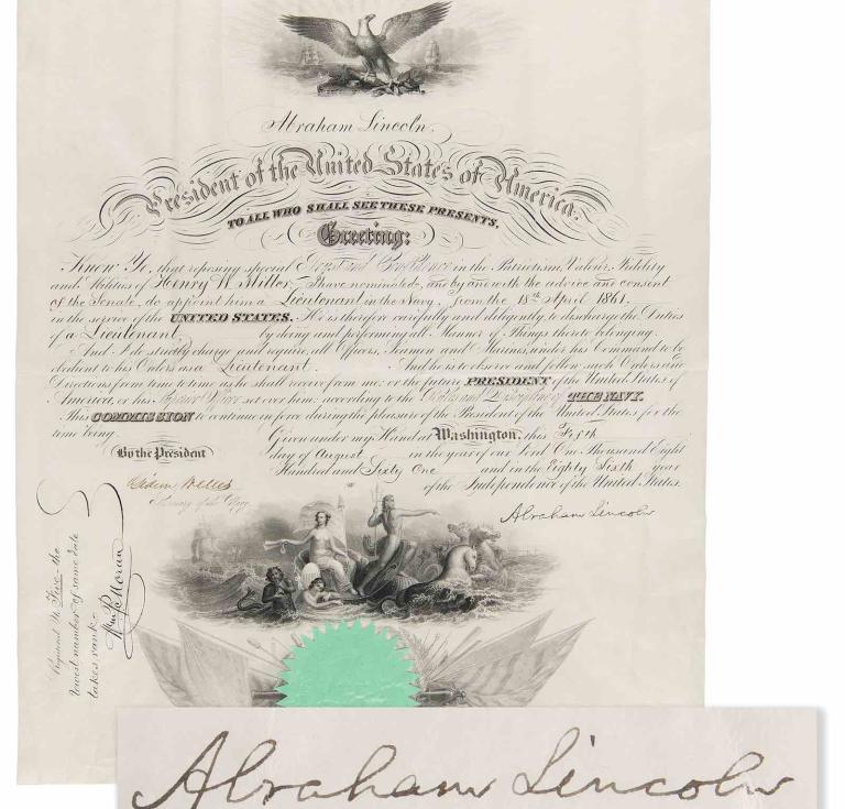 Naval document signed by Abraham Lincoln