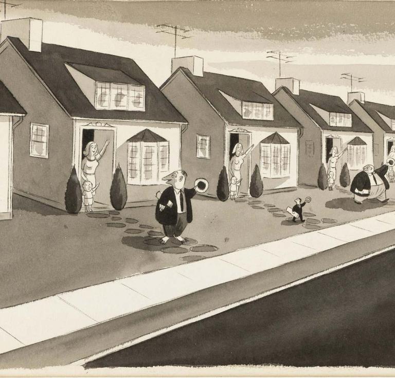 Charles Addams original art "Suburbia" (1956)