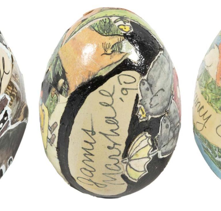 Decorated wooden eggs signed by authors