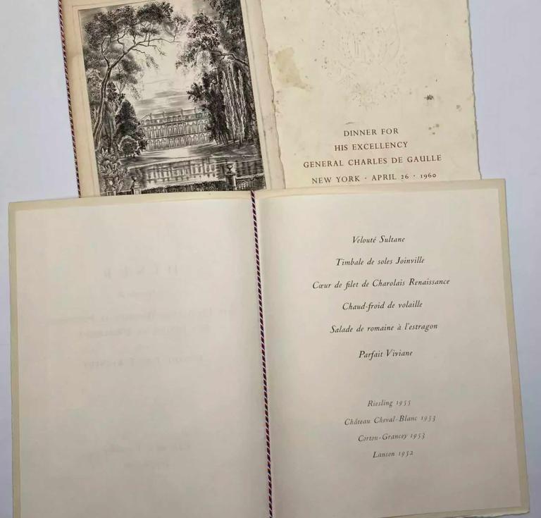 Menus for May 31, 1961 dinner at the Élysée Palace as part of the official visit of President John F. Kennedy and Jackie Kennedy to France in 1961, their first state visit across the Atlantic.