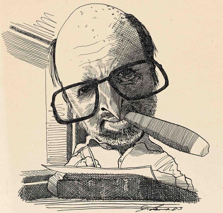 David Levine, Jules Feiffer with Cigar, unpublished caricature illustration, ink on paper, 1983. Estimate $1,000 to $1,500