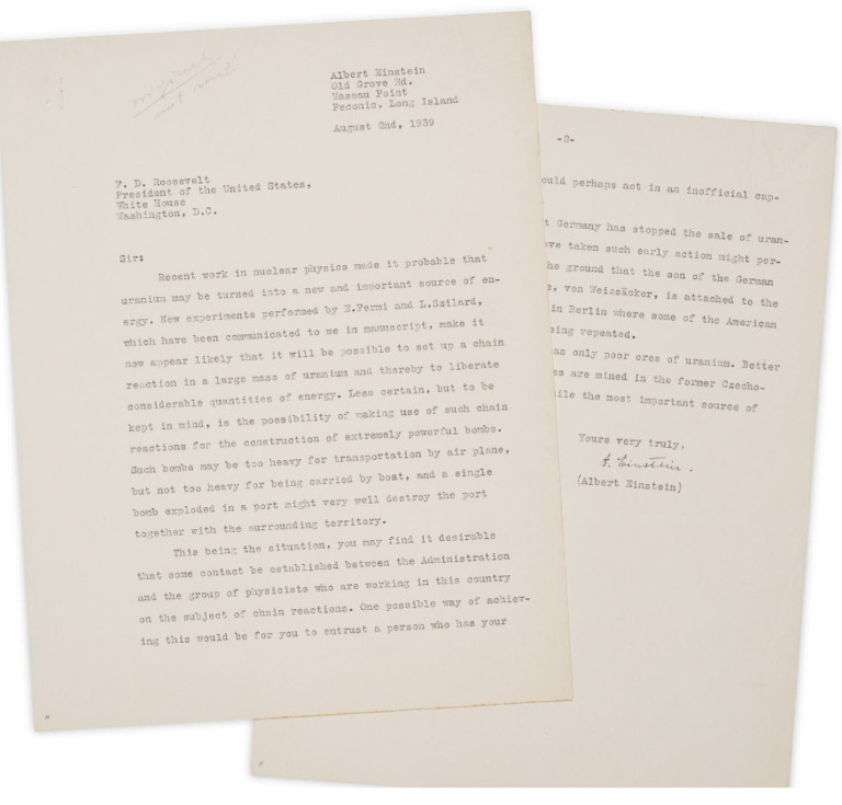 Albert Einstein's typed signed letter to President Roosevelt, 1939, with penciled note by Leo Szilard at top "Original, not sent!"