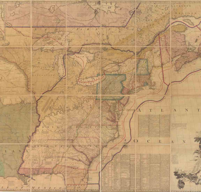 Annotated map of the British Colonies in North America with the roads, distances, limits and extent of the settlements, ca. 1775.