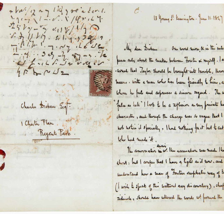 Copy of letter in Charles Dickens’s shorthand, to W. M. Thackeray, June 1847 which is currently on display