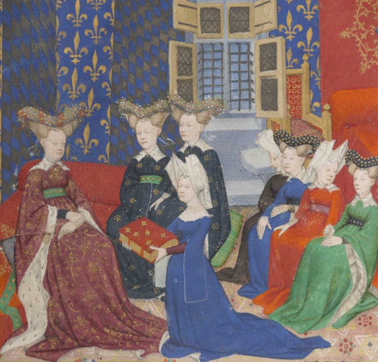 Christine de Pizan presents her book to Isabeau of Bavaria, in the Book of the Queen, France, c. 1410-1414