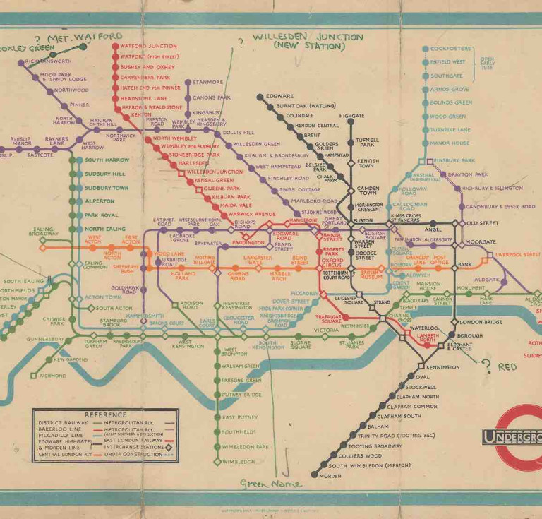 Unpublished annotated Proof of Harry Beck’s 1933 first edition tube map, with corrections and proposals in Becks own hand