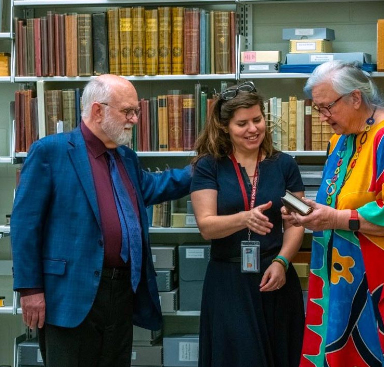 Glen (left) and Cathy Miranker (right) view the teaching collections with RBS Miranker Family Director of Collections, Exhibitions & Scholarly Initiatives Barbara Heritage (center)