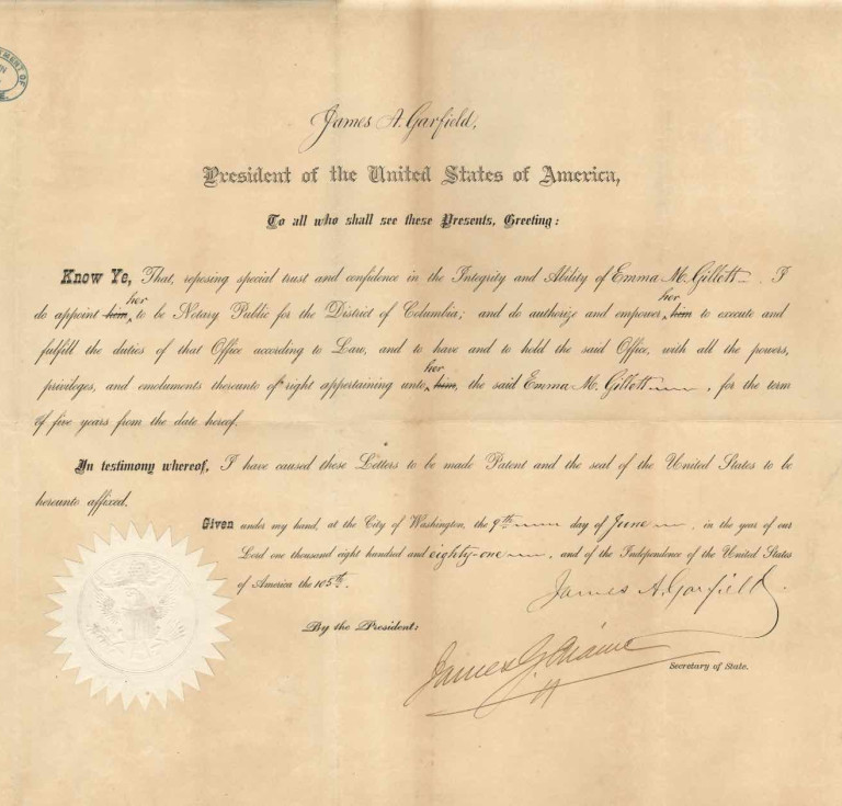 James Garfield appoints a female notary for the District of Columbia, June 9, 1881