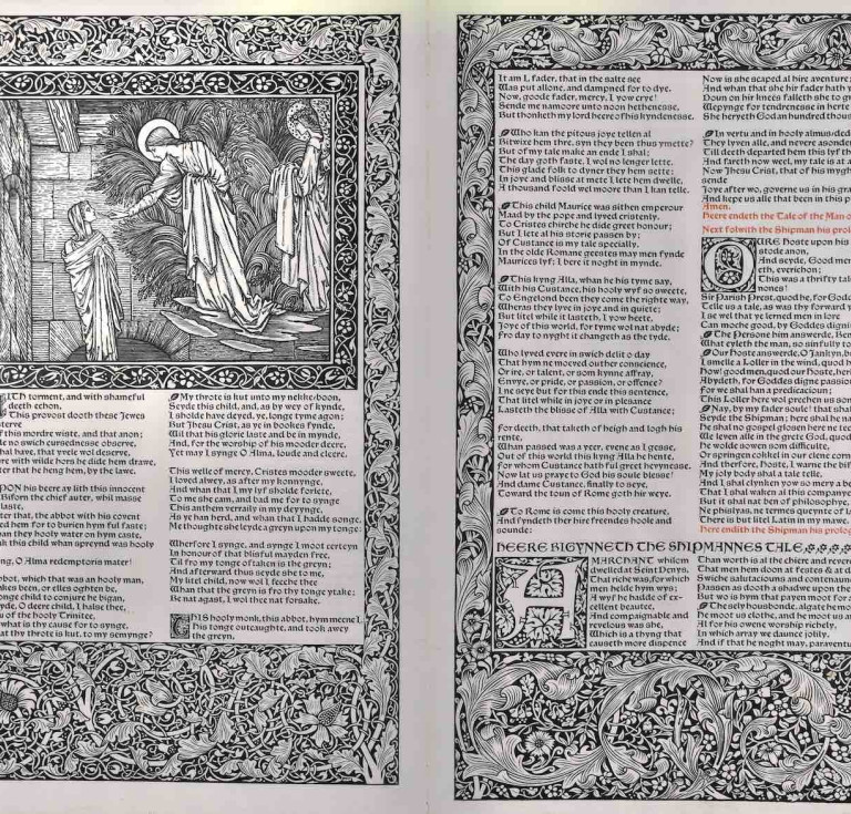 Trial sheet on vellum of William Morris’s Kelmscott Chaucer in the exhibition