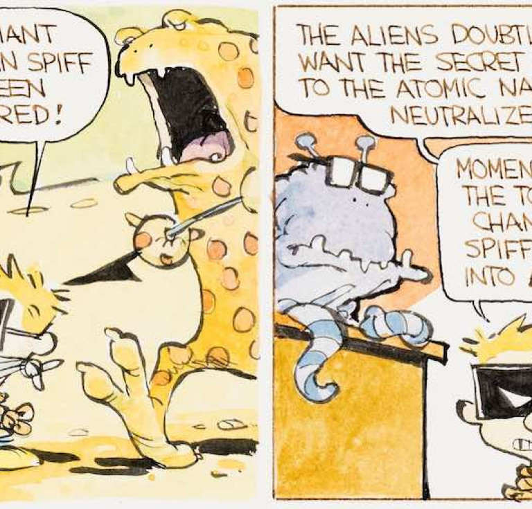 Bill Watterson, Calvin and Hobbes, first appearance of Spaceman Spiff, hand-colored daily comic strip original art dated November 29, 1985