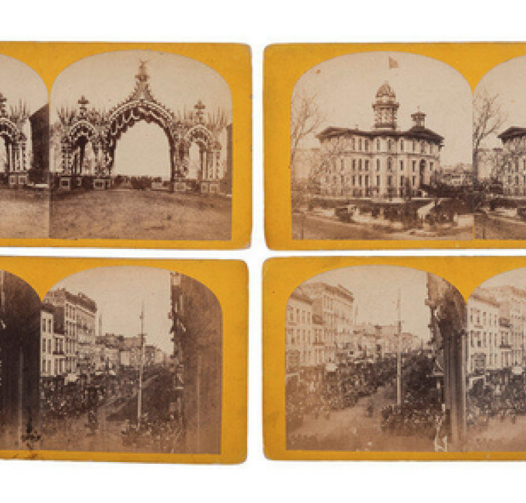 Four stereoviews of Lincoln's funeral procession in Chicago.
