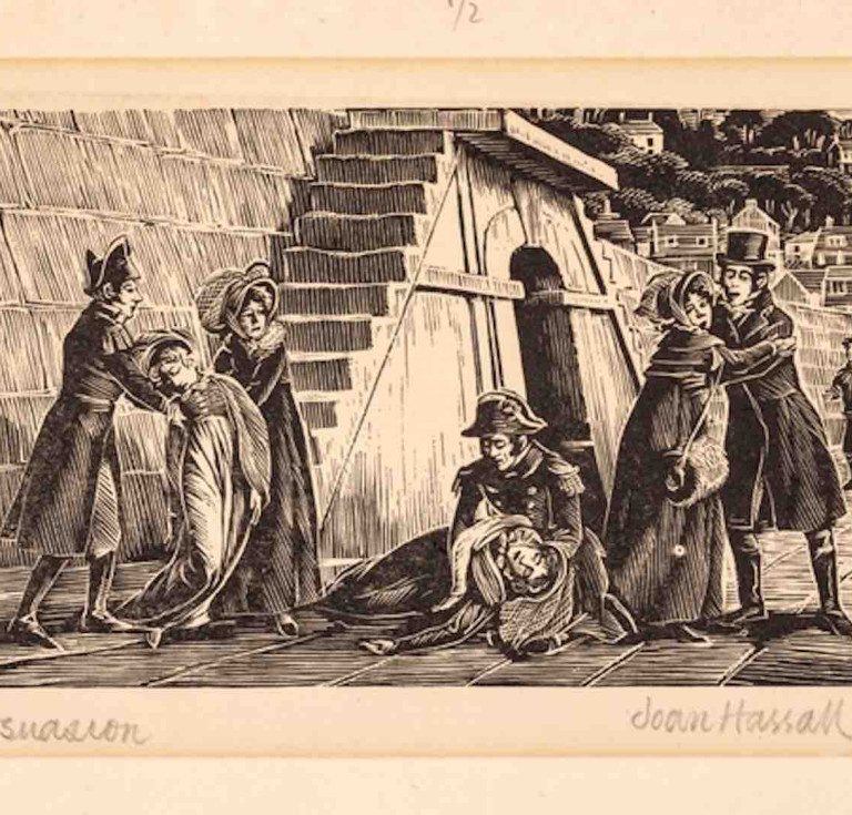 A Persuasion engraving, Louisa falling on the Cobb, Joan Hassall, wood engraving, 1961