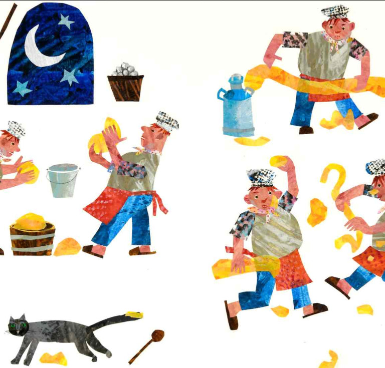 Eric Carle. “Walter worked all day and into the night.” Walter the Baker, 1995. Collage of acrylic-painted tissue paper with pen and ink on illustration board.